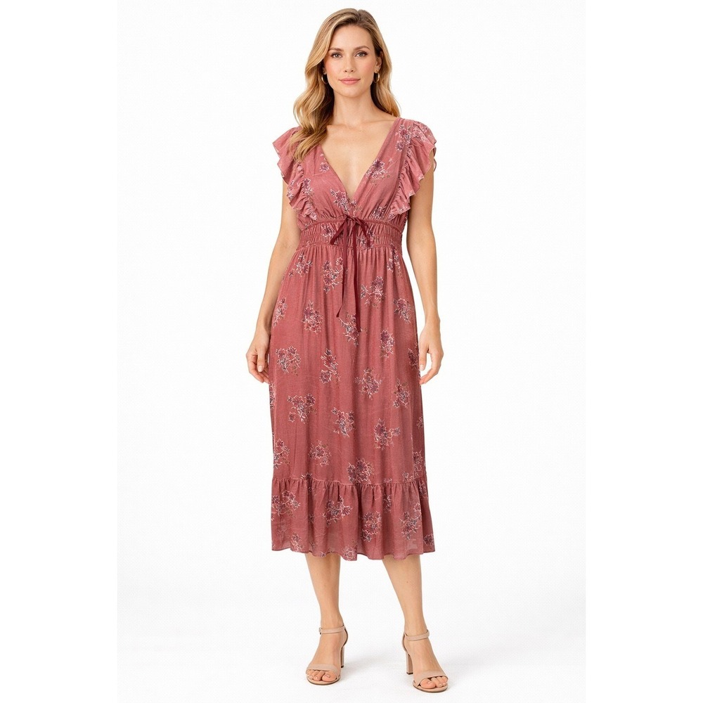 Francesca's Floral Midi Dress Flutter Sleeve Rose‎ Boho Size L Jessie Tarella
